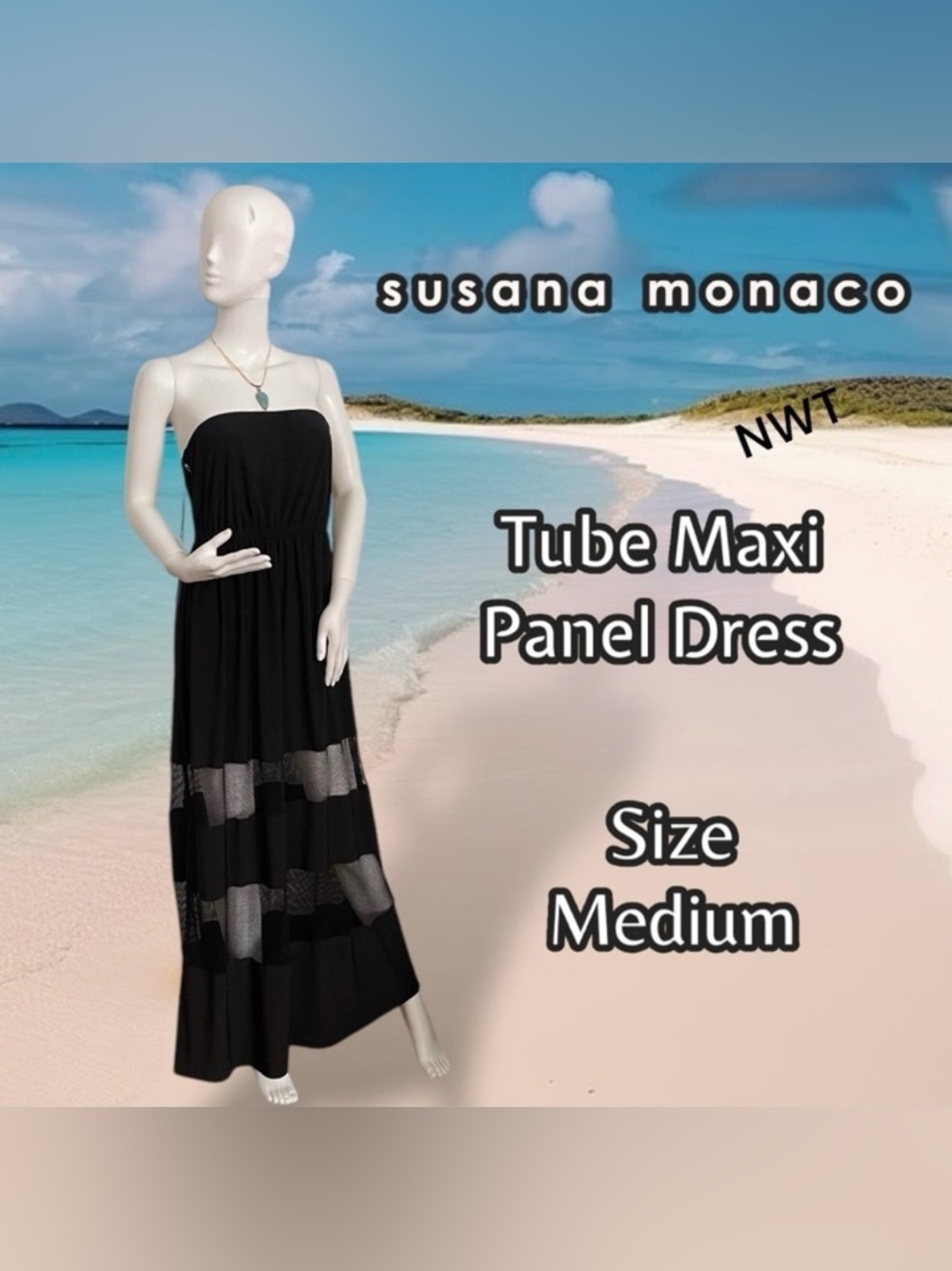 Susana Monaco NWT Strapless Panel Maxi Dress with Mesh Inserts Size Medium Black